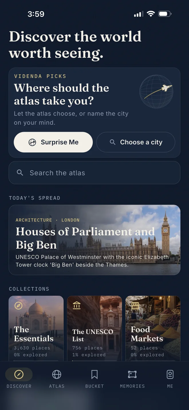 Videnda Discover screen showing the travel atlas, today's spread, and curated collections
