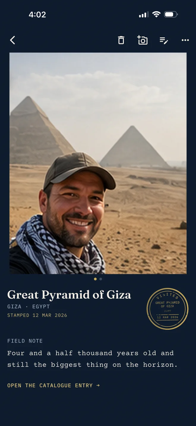 A stamped Videnda memory for the Great Pyramid of Giza with a photograph, date, seal, and field note