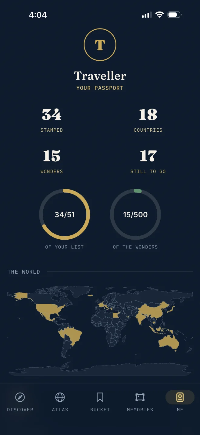 The Videnda traveller passport with stamp totals, progress rings, and a map of visited countries