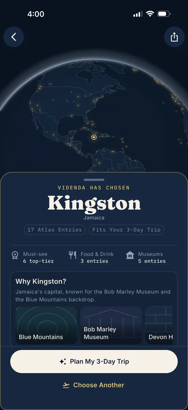 Videnda Surprise Me result for Kingston, Jamaica, with a glowing globe and a button to plan a three-day trip